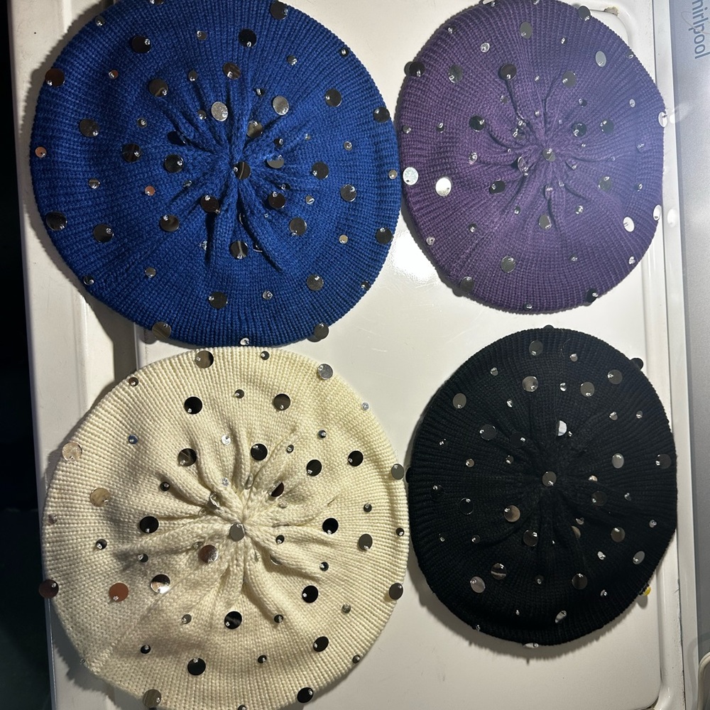 YOU GET ALL 4 Tam/Beret hats colors cream, black, blue, and purple 100% acrylic
